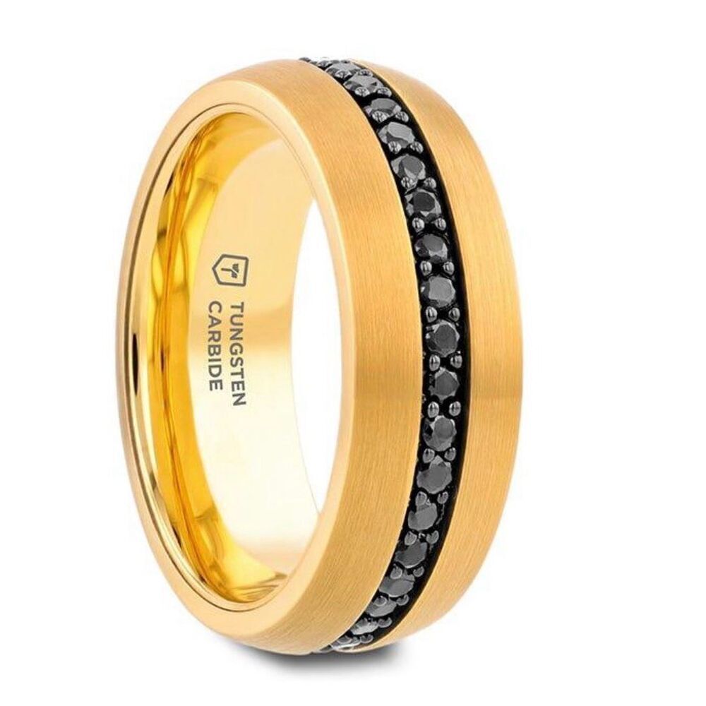 Thursten Men’s Wedding Band Auryn Gold Plated Tungsten with Black Sapphires 8mm